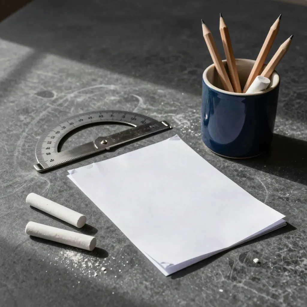 Chalk, protractor, folded quiz sheet, and navy pencil cup on stone.