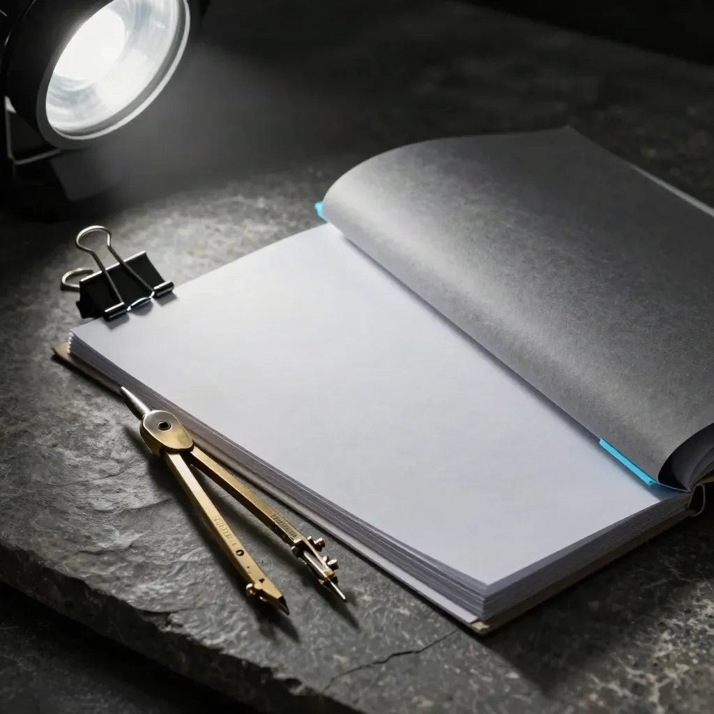 Graphite binder clip, rolled worksheets, brass compass and gray folder on brushed stone.