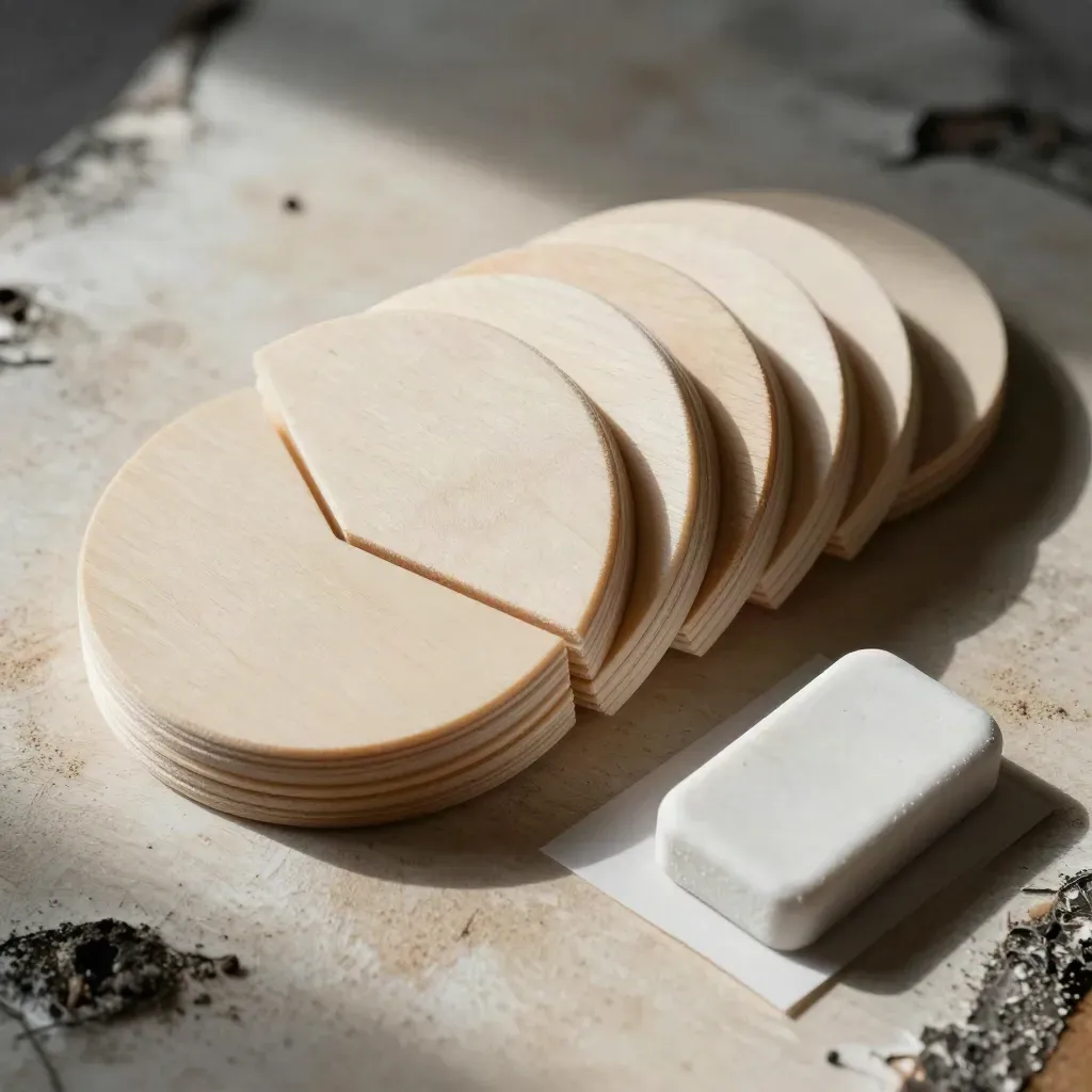 Pale wood fraction circles, square eraser and blank card stock in a calm top-down school materials closeup.