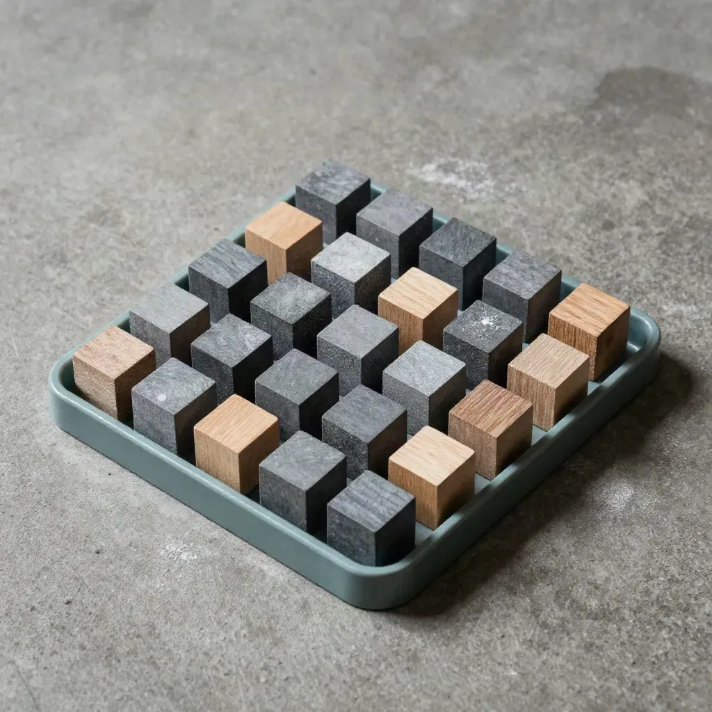 Top-down macro of math manipulatives and counting cubes on concrete with chalk dust and teal accent.