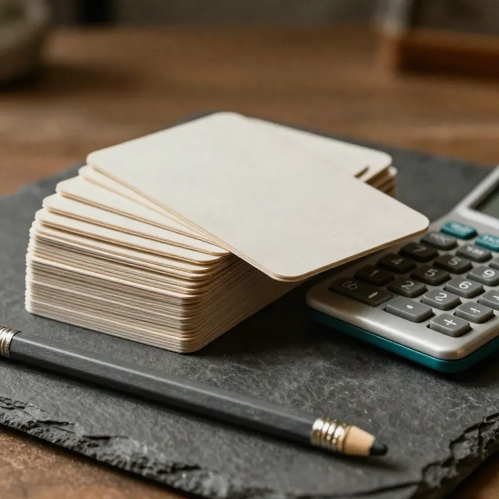 Macro stack of blank study cards, calculator block, and pencil on graphite stone with teal accent.