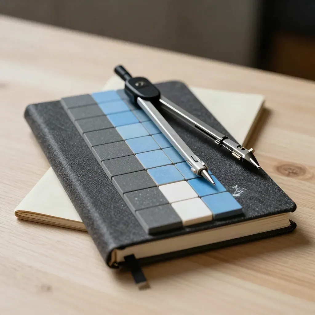 Notebook, algebra tiles, and compass on pale wood in dramatic studio light