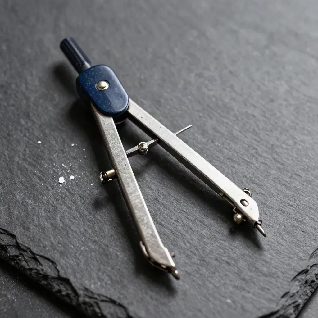 Top-down macro of a metal compass with chalk fragments on a graphite slate surface.