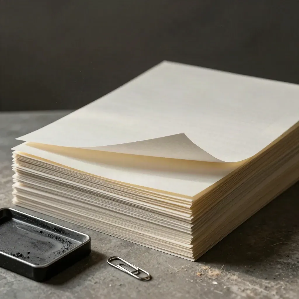 Blank worksheet stack, paper clip, and graphite tray on stone under hard upper-left studio light
