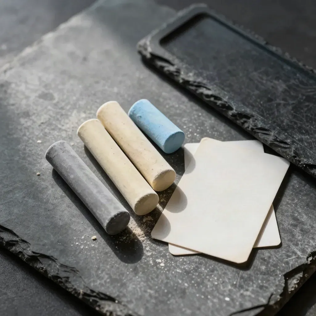 Chalk pieces, marker cap, and folded cue card on limestone with soft upper-left daylight