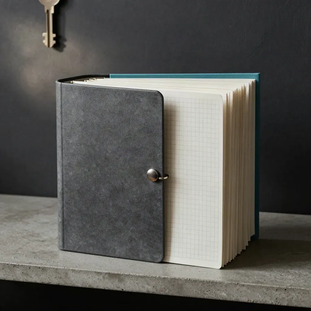 Closed progress binder with divider tabs and graph-paper slips on a concrete shelf.