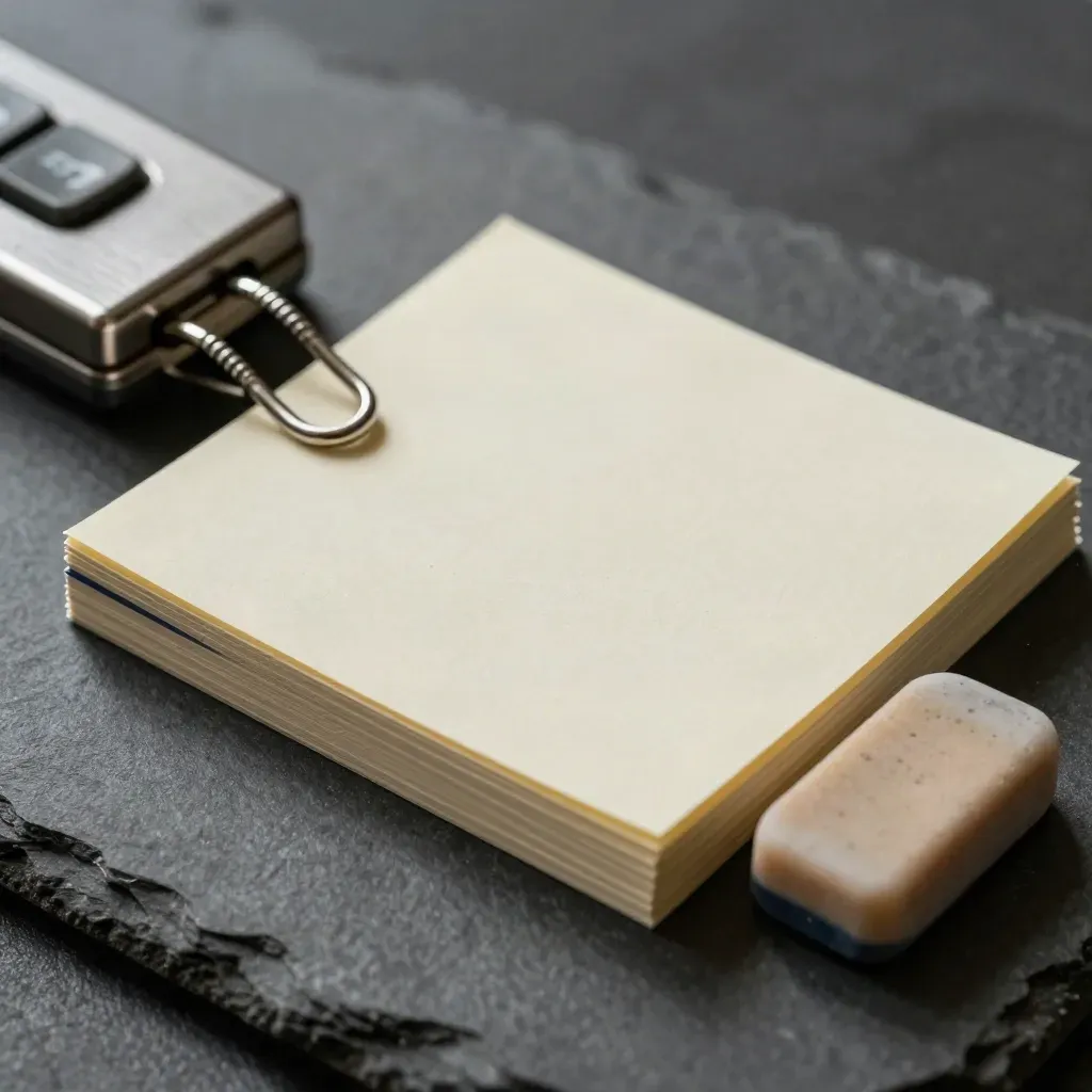 Brushed silver clip, staggered note cards and an eraser block on graphite stone