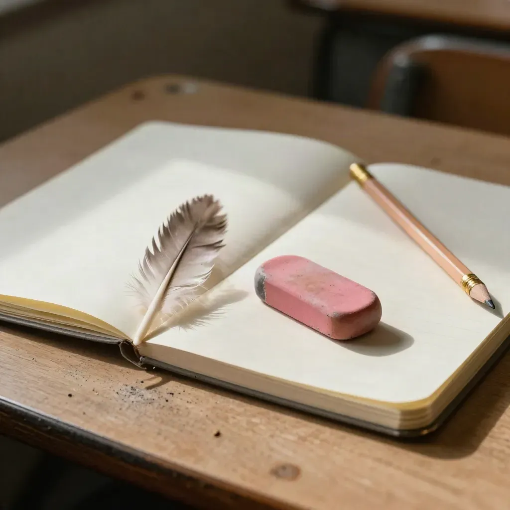 Macro of a notebook edge, worn eraser, and pencil ferrule on a dusty classroom desk.
