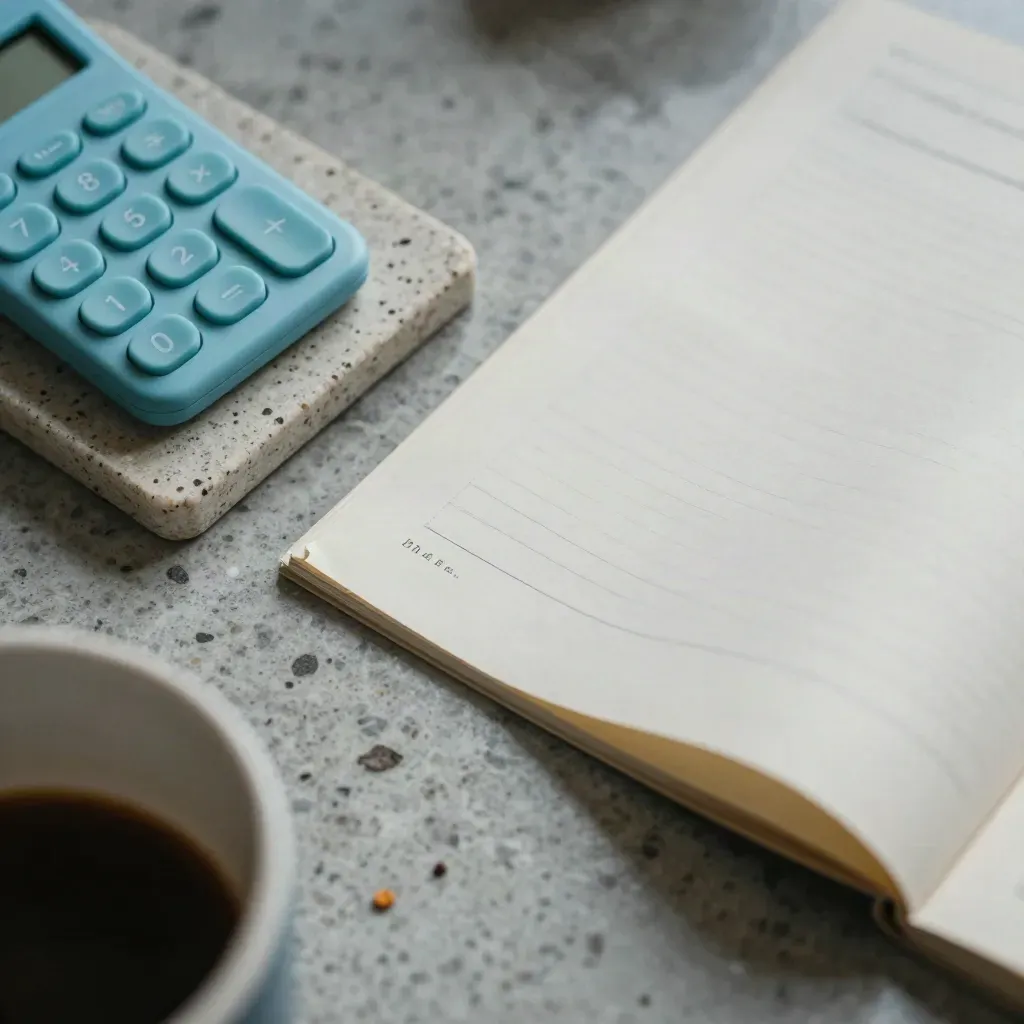 Top-down macro of a homework coaster, blue calculator block, and folded worksheet beside steam.