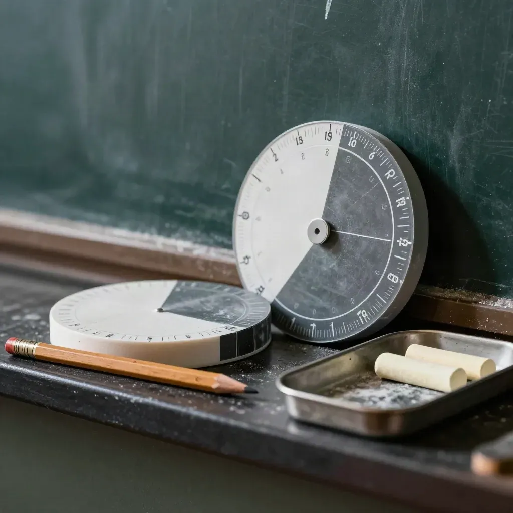 Fraction circles, chalk tray, and pencil stub on a dim classroom ledge