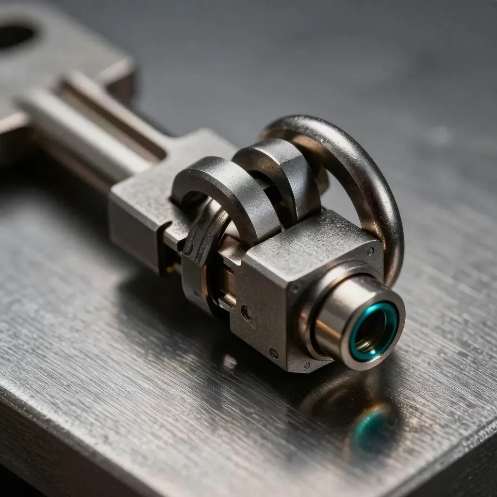 Extreme macro of linked gray machined rings and a connector block on brushed metal.