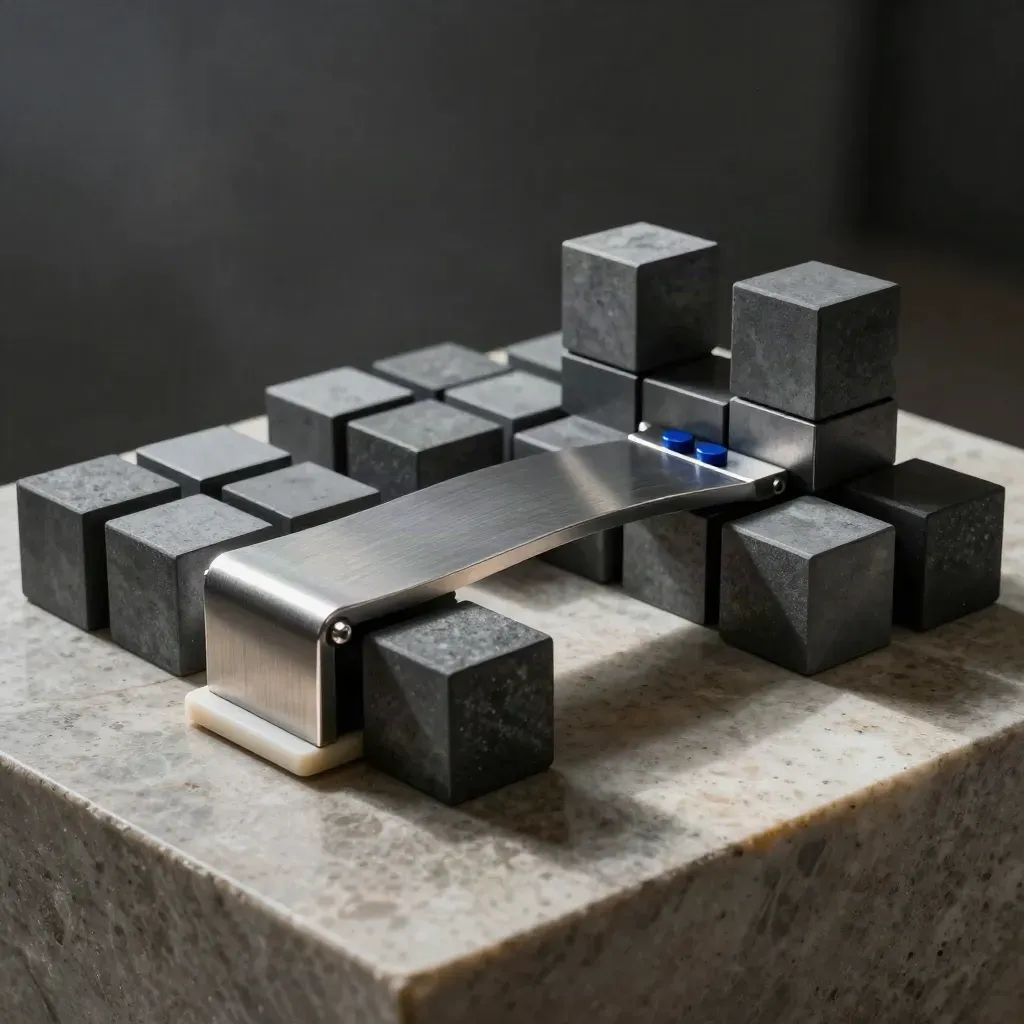 Graphite cubes and a steel bridge on pale stone, lit dramatically in a dim studio.