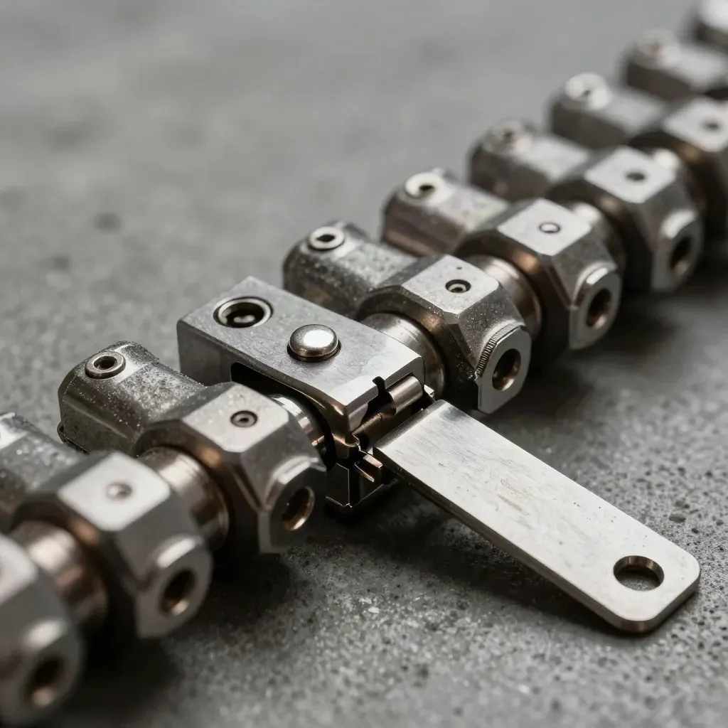 Precision connectors, a magnetic pin, and a hinge plate on charcoal concrete, side-lit in macro.