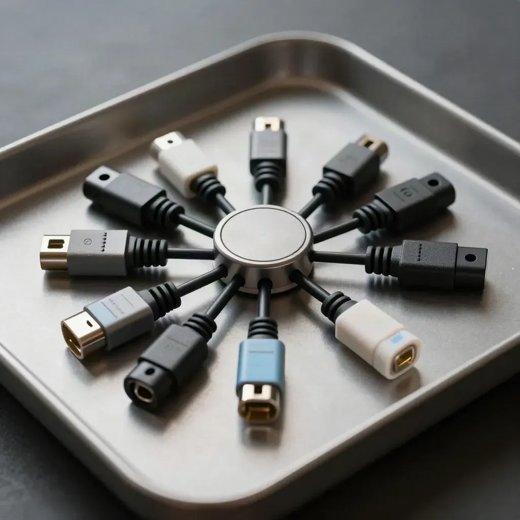 Linked cable clips, adapter block, and coupler arranged as a premium overhead still life.