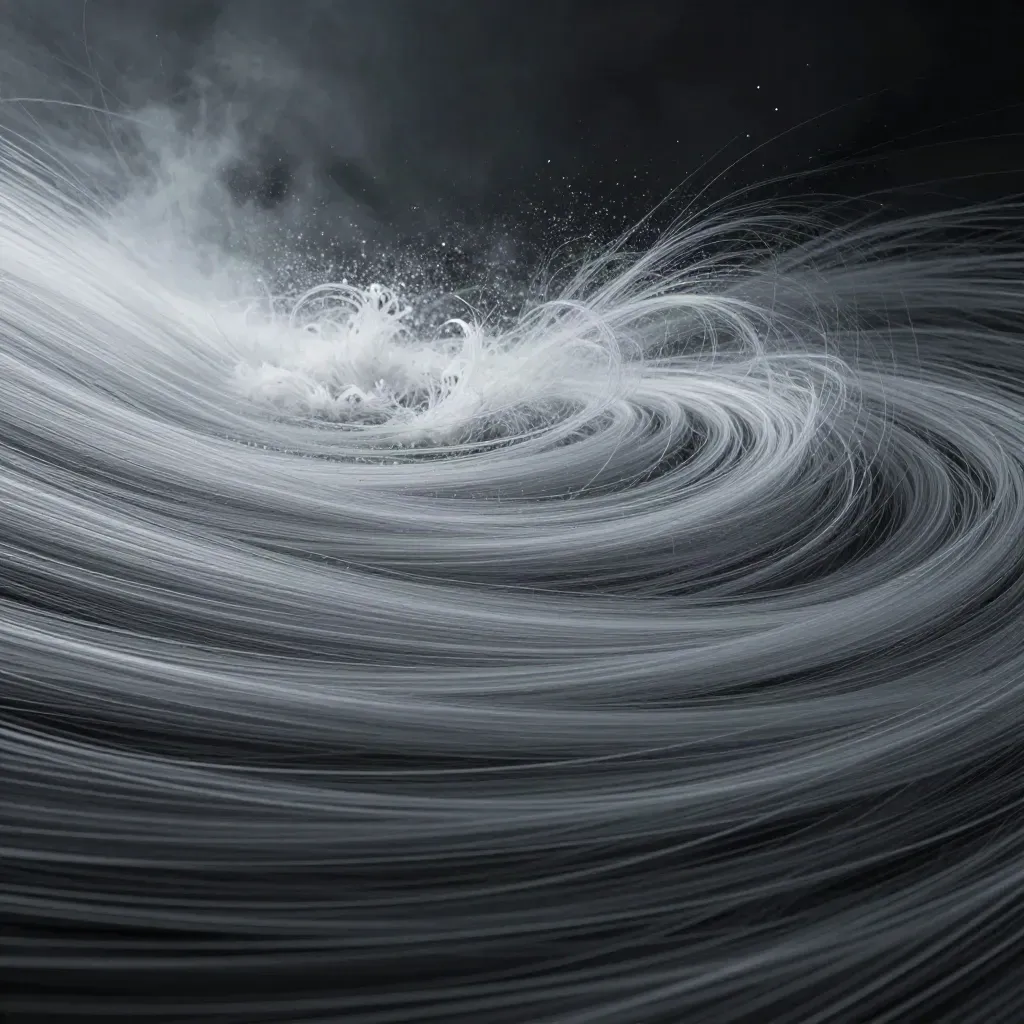 Silver particle filaments converging into a soft white bloom in dark haze.